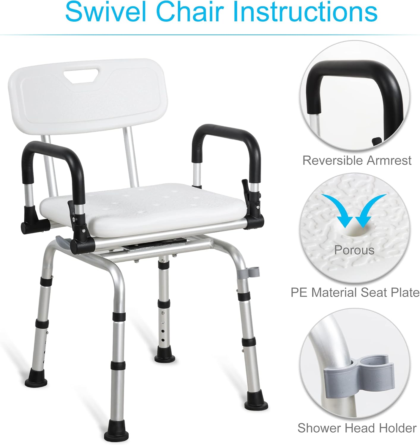 REAQER Swivel Shower Chair 360° Pivoting Bathtub Seat with Arms and Back Narrow Bath Bench for Seniors,Elderly,Disabled and Pregnant Women Adjustable Bath Chair