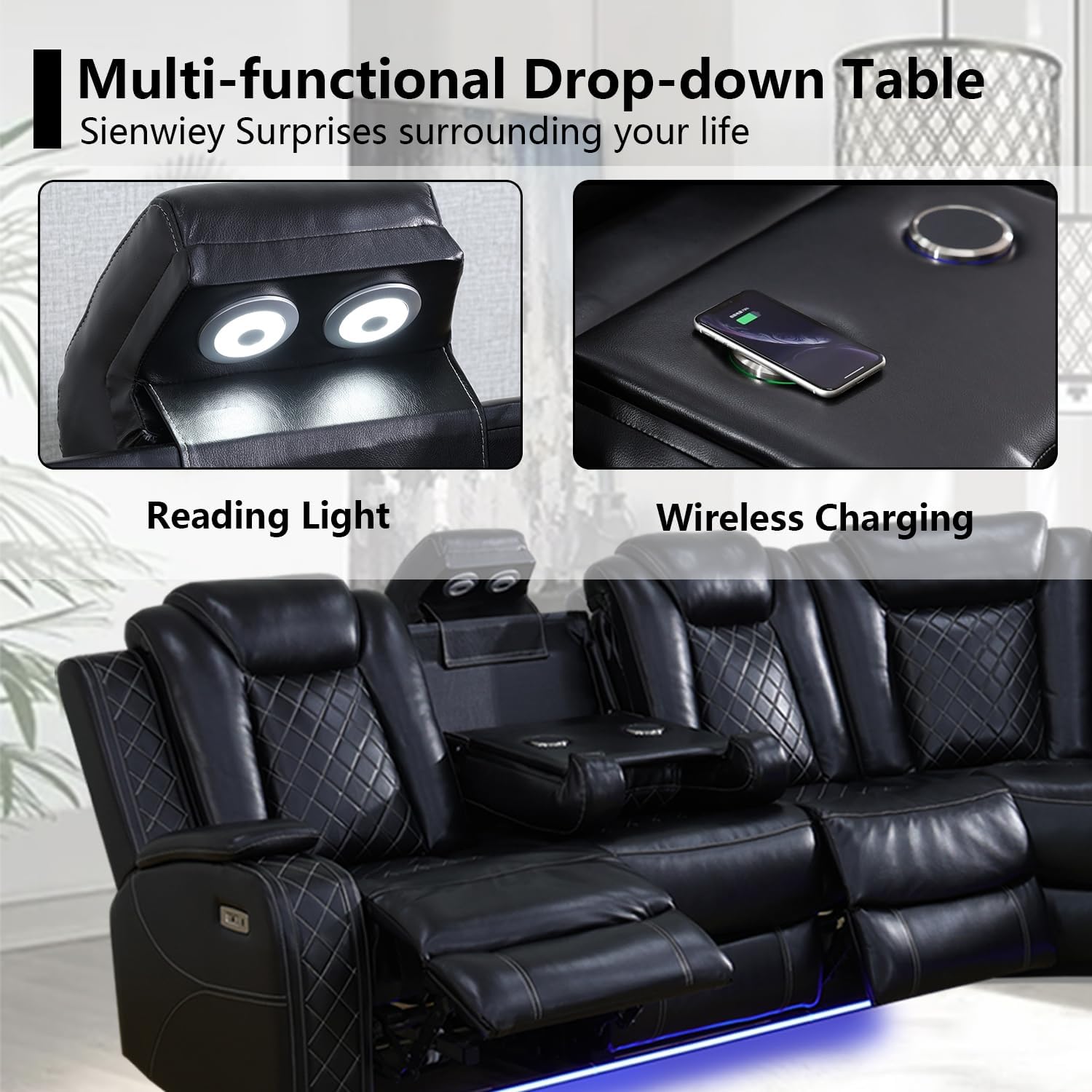 Black Leather Power Reclining Sectional Sofa，Sectional Couch with Recliner Living Room Set with LED Light/Read Light/Storage Console/USB Port/Wireless Charge/Home Theater Seat