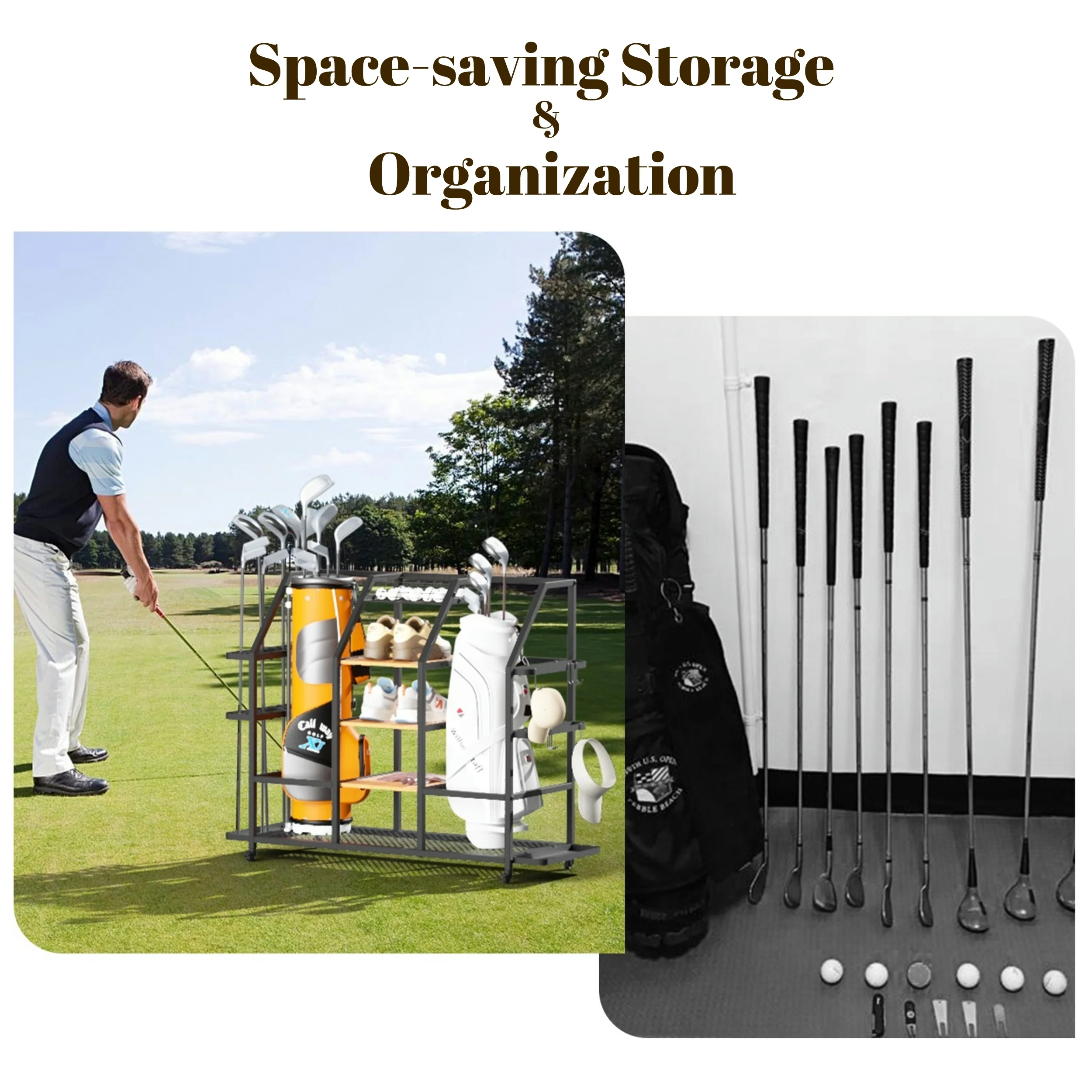 Uyoyous Extra Large Golf Bag Storage Rack, Golf Storage Organizer w/ Locking Wheels for Garage, Club and Basement