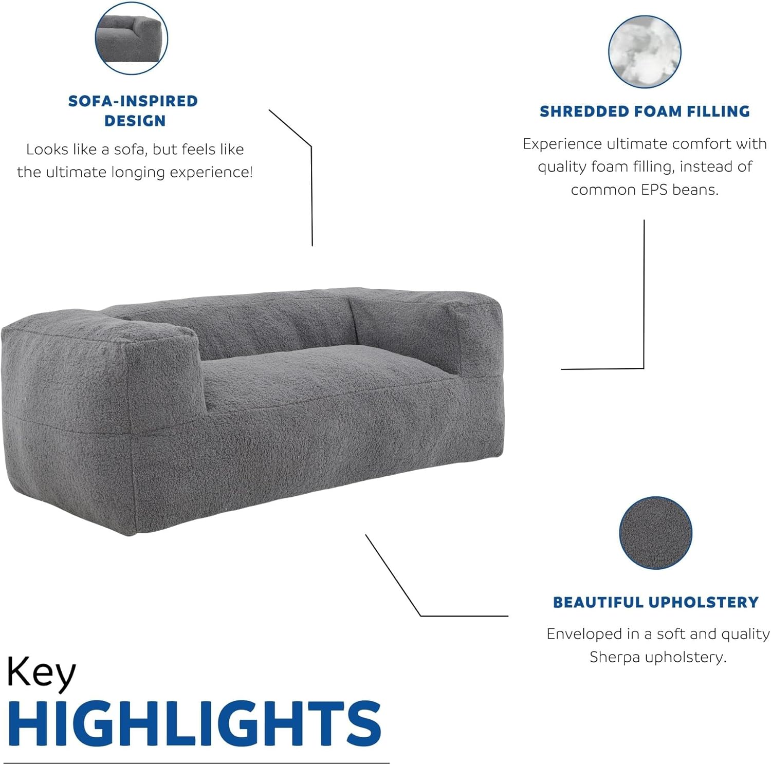 71" Large Memory Foam Bean Bag Sofa Chair with Armrest for Adults, Giant Foam Filled Furniture Lazy Soft Beanbag Couch Living Room Chill Gaming Reading Plush Lounger Chair Gray