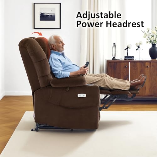 MCombo Large Triple Motor Power Lift Recliner Chair with Massage and Dual Heating, Adjustable Headrest for Tall Elderly People, Fabric 7634 (Grey, Large)