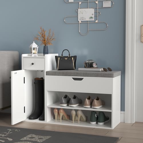 Loomie Shoe Storage Bench, 2-Tier Farmhouse Entryway Bench with Sliding Barn Door Storage Cabinets & Full Soft Removable Seat Cushion, Silm Shoe Rack with Shoe Cabinet for Entryway, Hallway, Bedroom