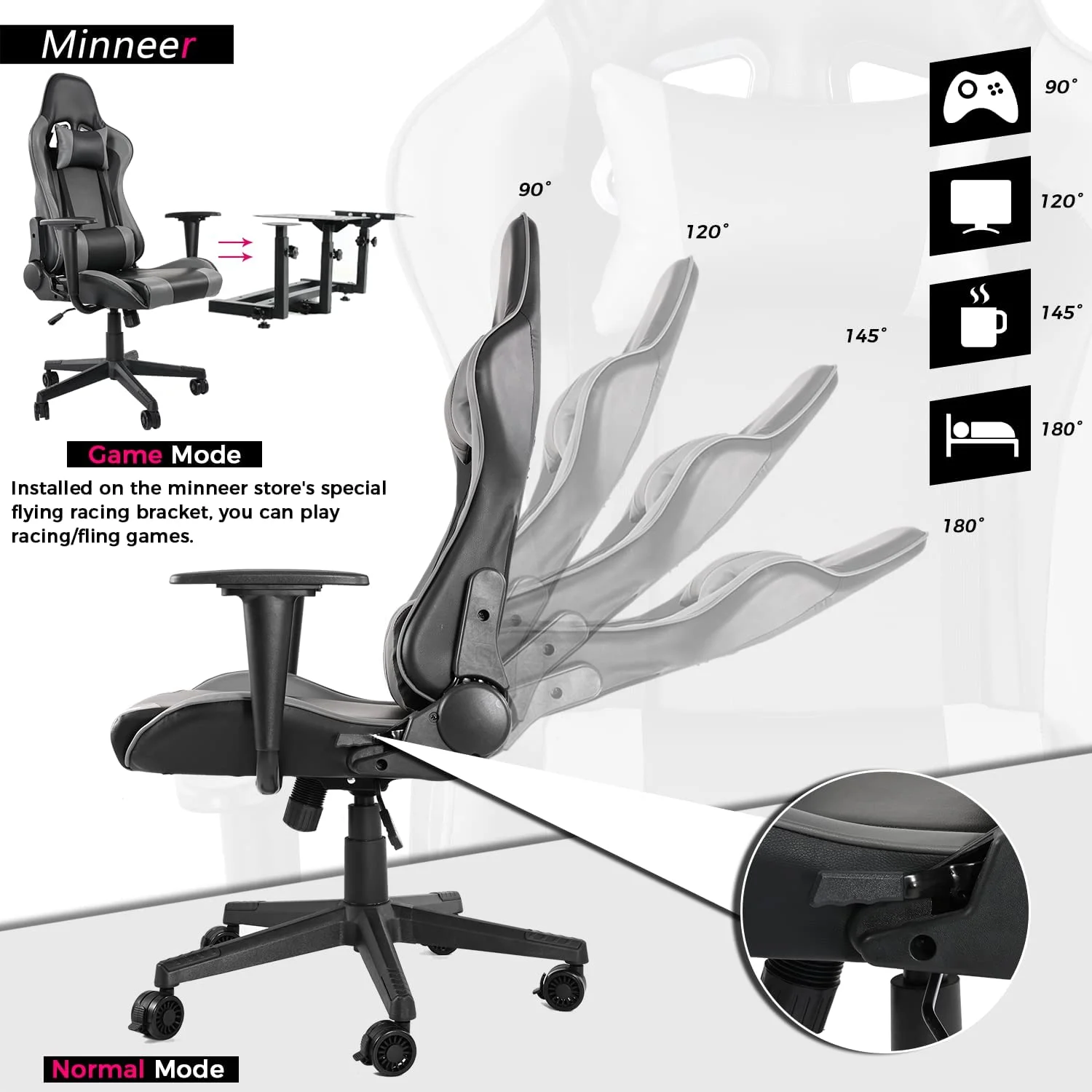 Minneer Flight & Racing Simulator Gaming Chair with Adjustable Headrest and Lumbar Pillow Swivel Liftable Office Chair,Gray