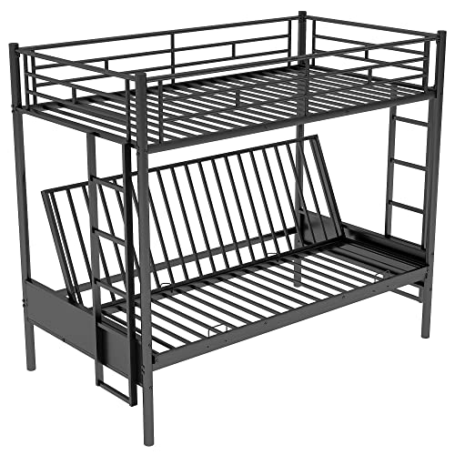 Harper & Bright Designs Twin over Futon Bunk Bed,Metal Bunk Bed with Futon can easy conversion to Twin Over Full Bunk Beds, Futon Bunk Bed with Guardrails and 2 Ladders for Kids Teens, Black