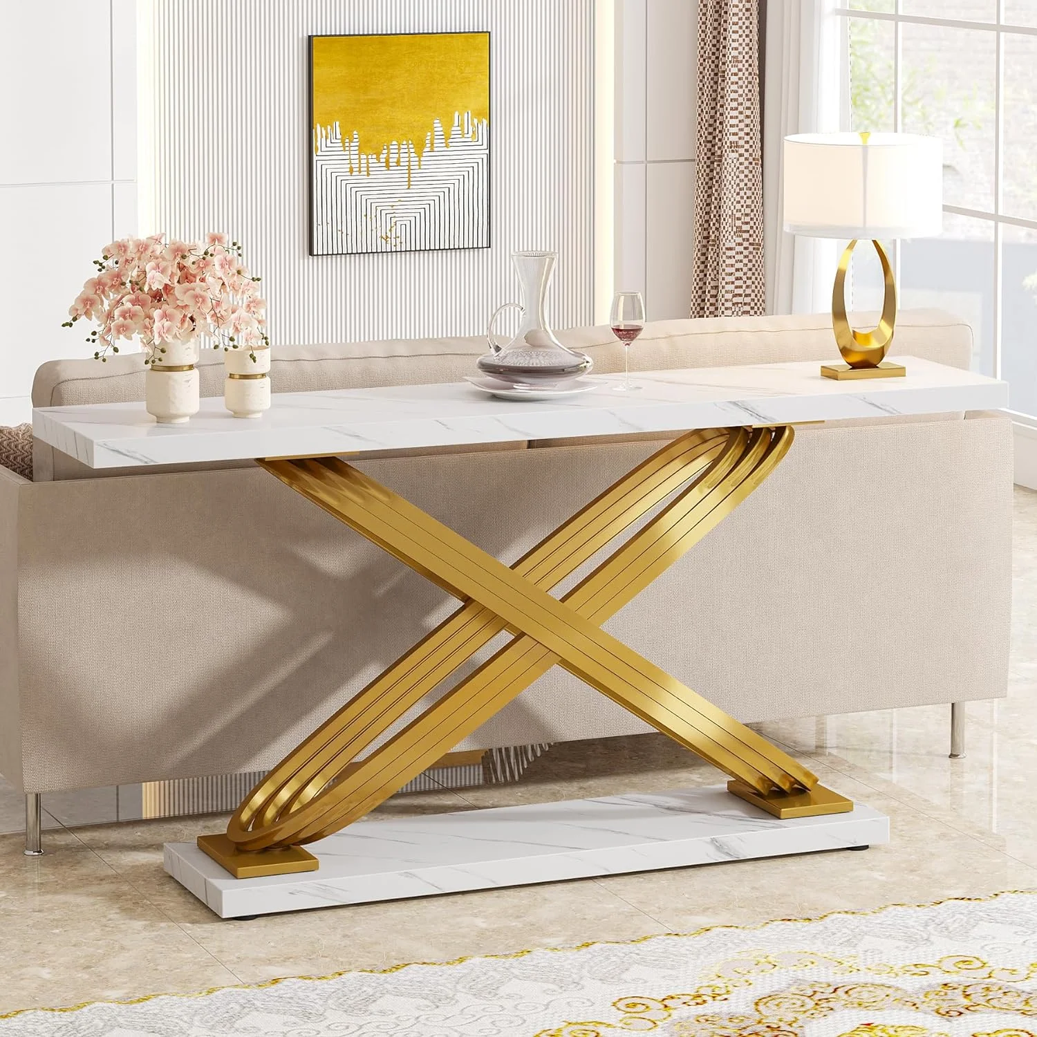 Tribesigns 55" Long Sofa Table, Modern Faux Marble Console Table Behind Sofa Couch for Entryway, Living Room, White & Gold