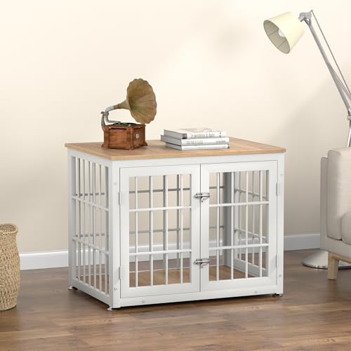 48 Inch Heavy Duty Dog Crate Furniture for Large Dogs, Decorative Pet House End Table, Extra Large Wooden Cage Kennel Furniture Indoor, Natural and White