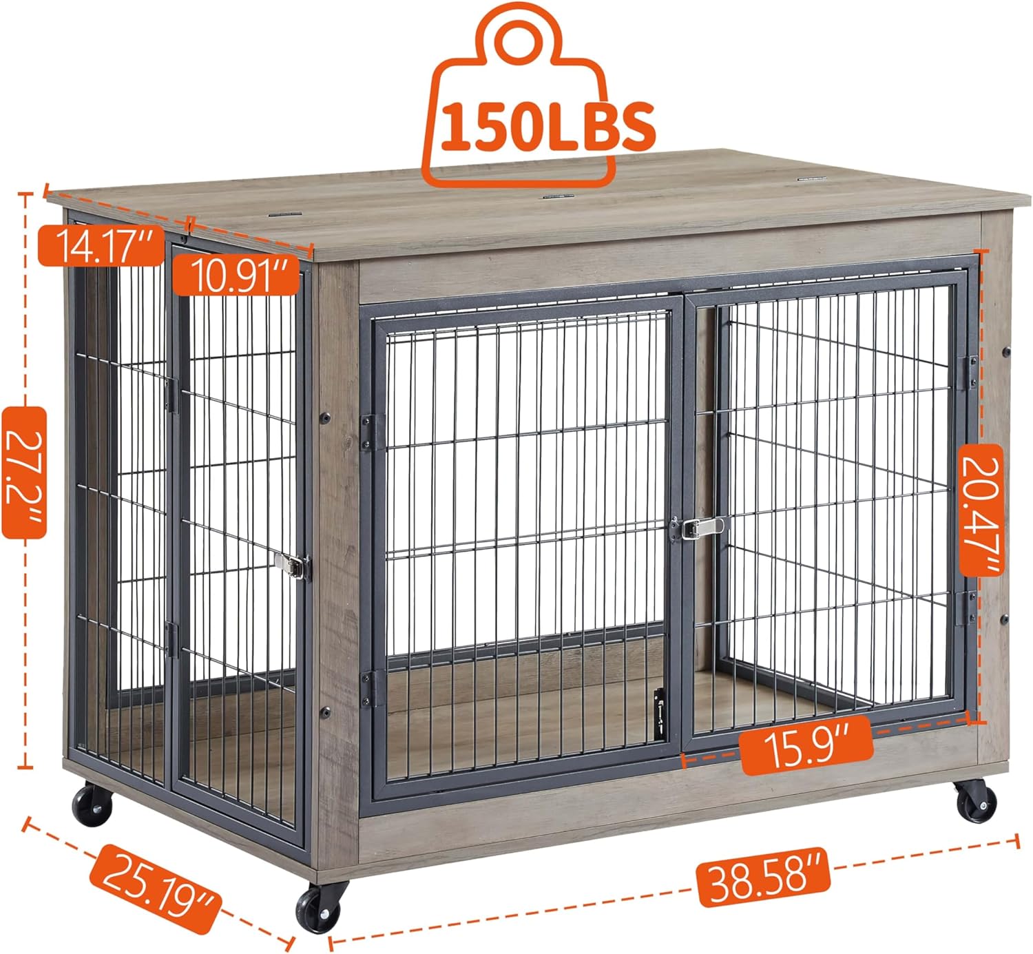 Dog Crate Furniture: Furniture Style Dog Crate Side Table on Wheels with Double Doors and Lift Top Dog Kennel Indoor for Small/Medium/Large Dog End Table Grey