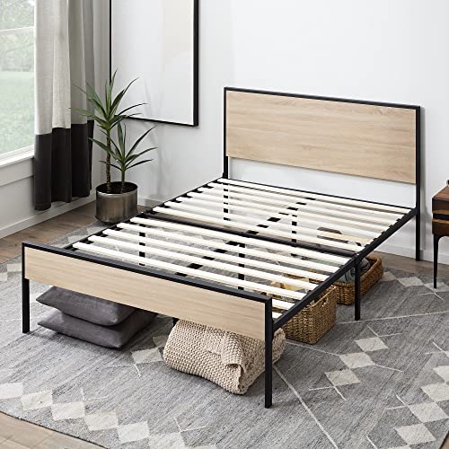 Edenbrook Bed Frame - Metal Platform Bed - Wood Headboard and Footboard - Box Spring Optional, Full, White Oak
