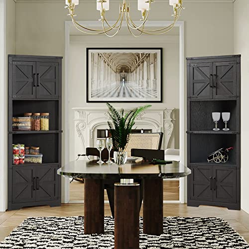 JXQTLINGMU Farmhouse Corner Cabinet, Tall Corner Bathroom Storage Cabinet with Barn Door Design & Adjustable Shelves, for Laundry Room, Living Room, kitchen,(Black)