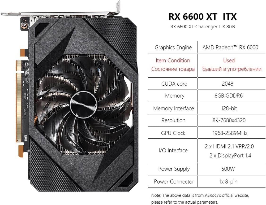 Radeon RX 6600 XT Challenger ITX 8GB GDDR6 GPU Support RDNA2 Computer Graphics