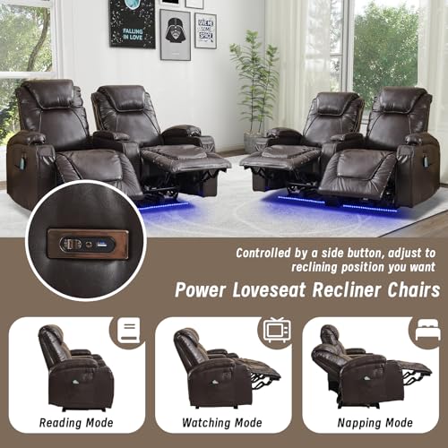 Power Loveseat Recliner Chair, Electric Home Theater Seating with Storage Armrest, Wall Hugger RV Double Reclining Sofa Chairs with Outlet/LED Light/Cup Holder for Living room (Brown)