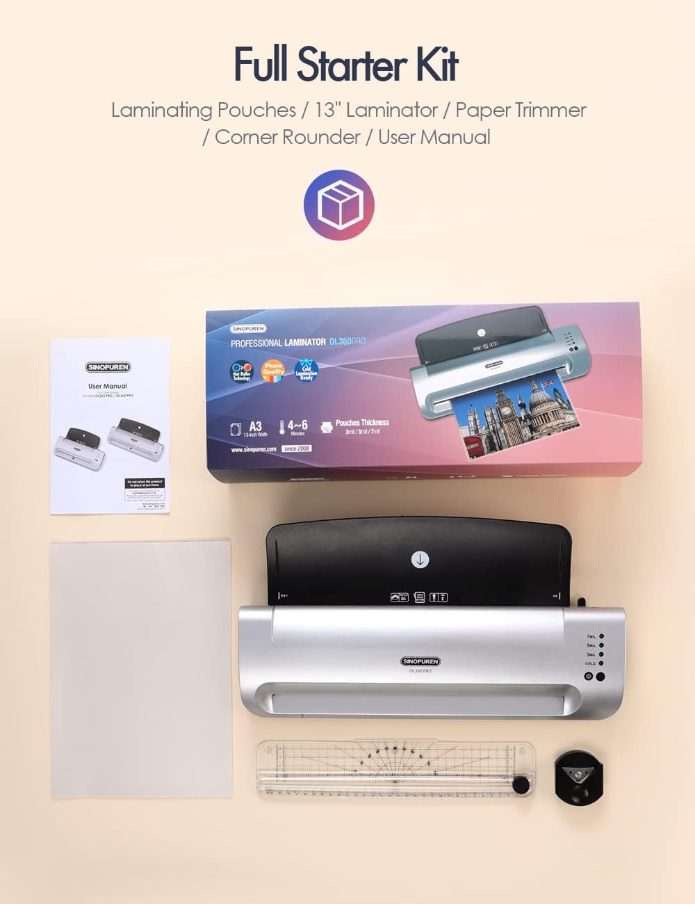 Laminator Machine, Sinopuren 13-inch Thermal Laminator, with Paper Trimmer, Corner Rounder, 10 Pouches Sheets, Quick Warm-Up, Cold and Hot Laminating for Home/School/Office