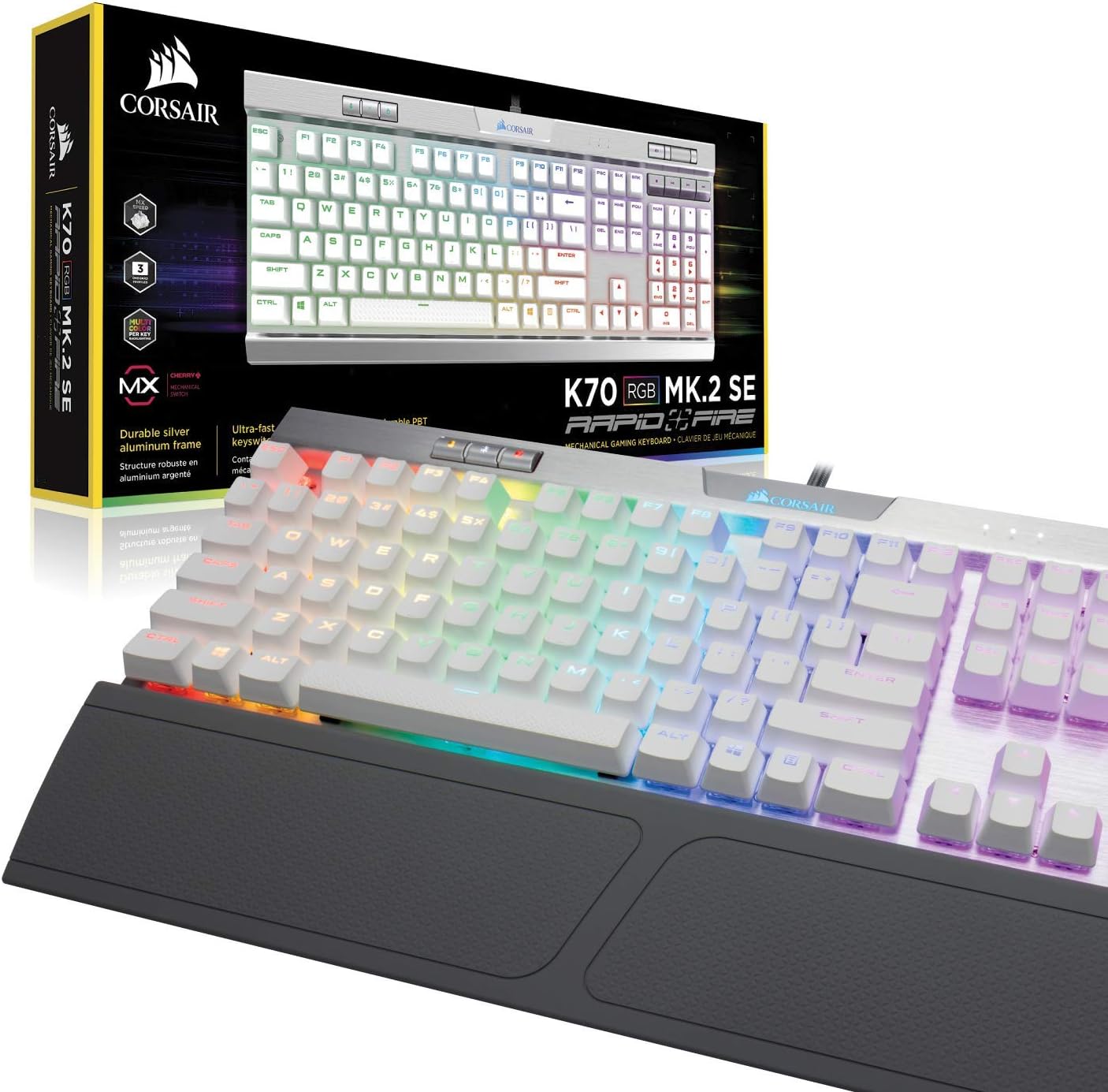 Corsair K70 RGB MK.2 SE Mechanical RAPIDFIRE Gaming Keyboard - USB Passthrough & Media Controls - PBT Double-Shot Keycaps - Cherry MX Speed - RGB LED Backlit - White