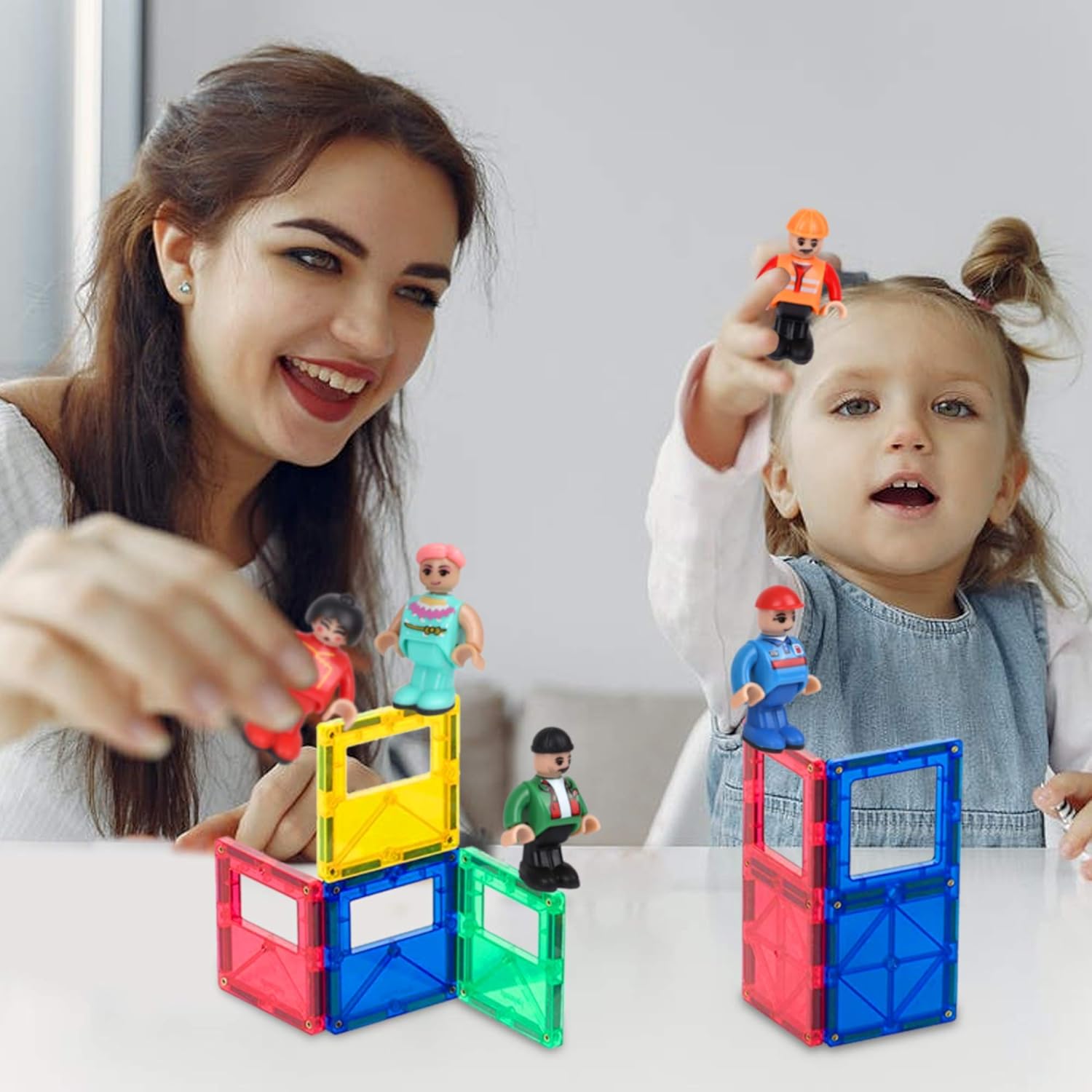 Award Winning Playmags Clear Colors Magnetic Tiles Building Set 50 + 6 Pc Set with Car - STEM Magnetic Toys Develop Motor Skills & Creativity, Colorful, Durable Magnet Building (56 Pc Set)