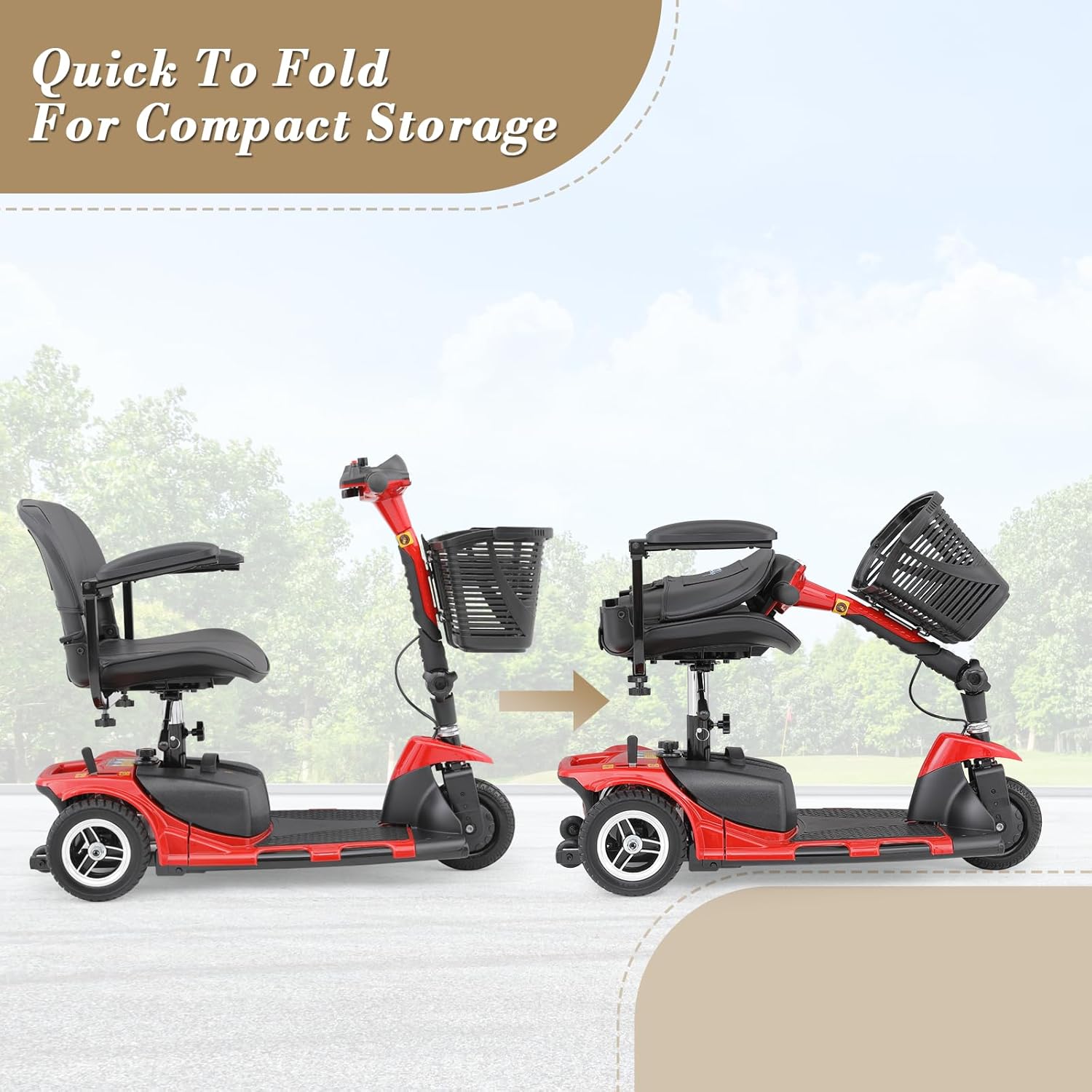 Athena Collection 3 Wheel Mobility Scooter Electric Wheelchair Scooter with Seat for Adults Seniors, Foldable Power Motorized Scooter Long Range Battery with Charger Headlights Basket, Red