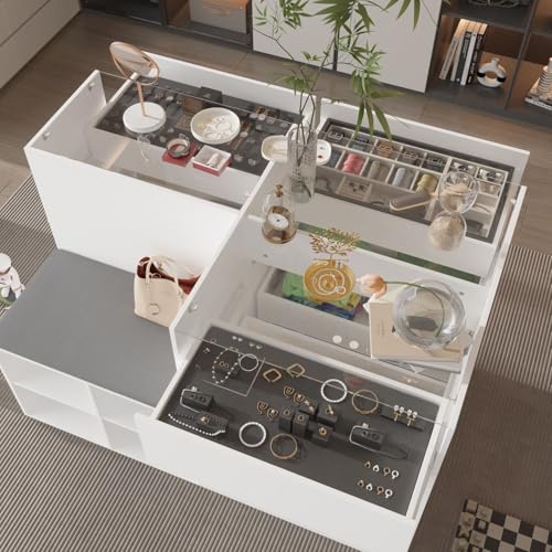 MOUMON Armoire Wardrobe Closet with Glass Tabletop & 9 Drawers, Glass Armoire Island with Cushion Bench & Shelves, Wardrobe Display Cabinet for Bedroom Cloakroom Store White, 27.6”D x 47.2”W x 31.5”H