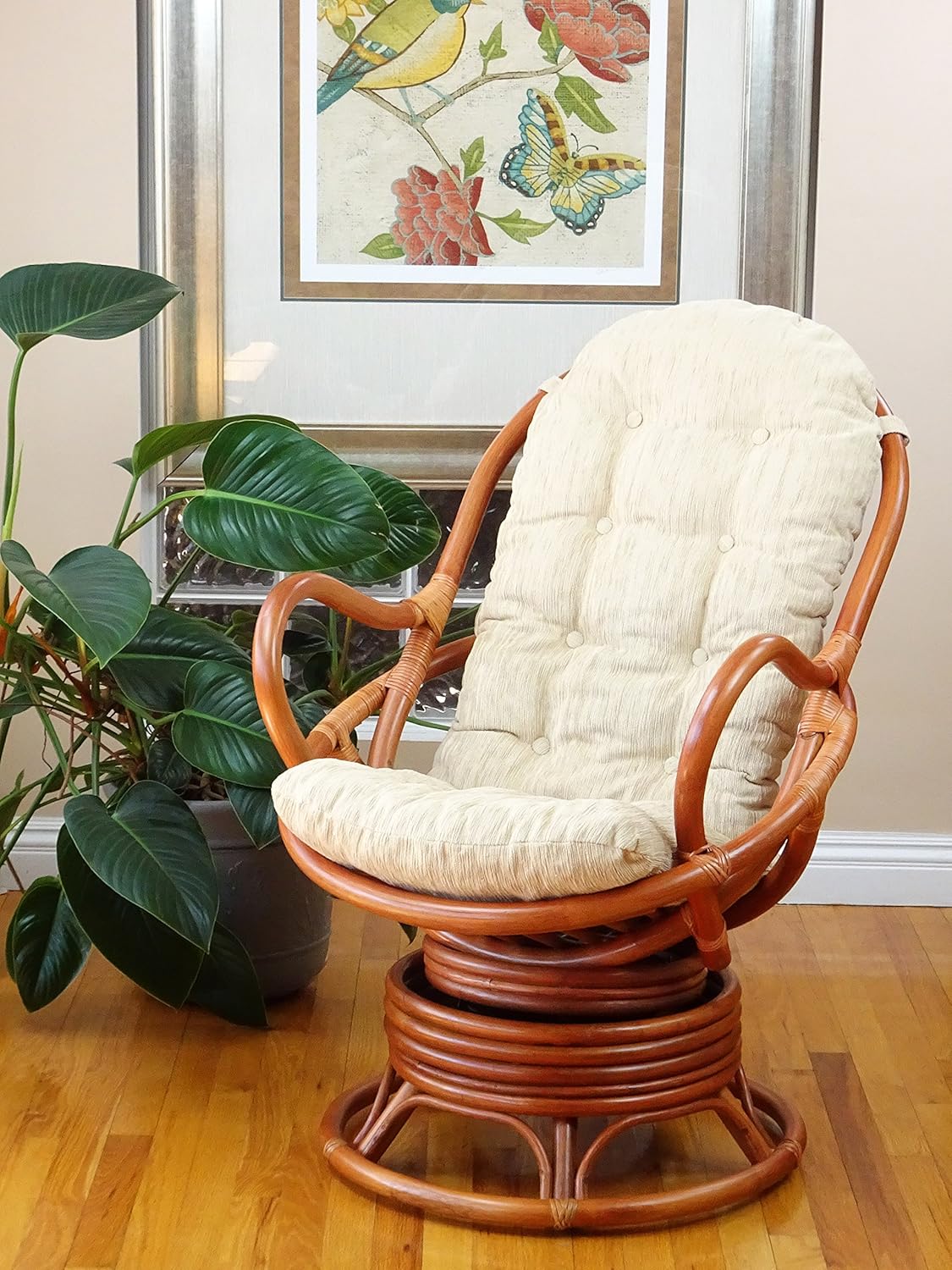Wickerix 2 PC Java Swivel Rocking Chair Natural Handmade Rattan Set: Lounge Arm Chair w/Cream Cushion and Coffee Table, Colonial
