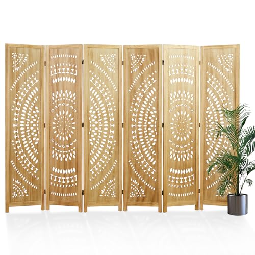 Room Divider Wood Carved Wall Divider Indoor Folding Bohemian Style Portable Partition Screen for Home Office Garden Terrace - 6 Panels (Antique, White-Washed)