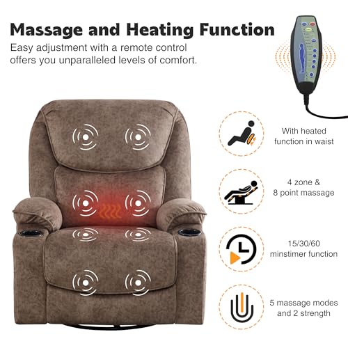 Swivel Rocker Recliner Chair, Power Reclining Chair Breathable Leather Recliner for Adults with Cup Holders and USB Port, Oversized Glider Rocking Recliner for Living Room, Dark Brown