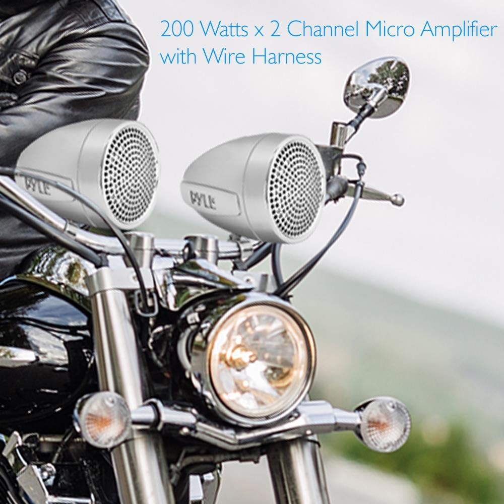 Pyle 300 Watt Weatherproof Motorcycle Speaker and Amplifier System w/ Two 2.25 Inch Waterproof Speakers, AUX IN- Handlebar Mount ATV Mini Stereo Audio Receiver Kit Set - Also for Marine Boat - PLMCA60