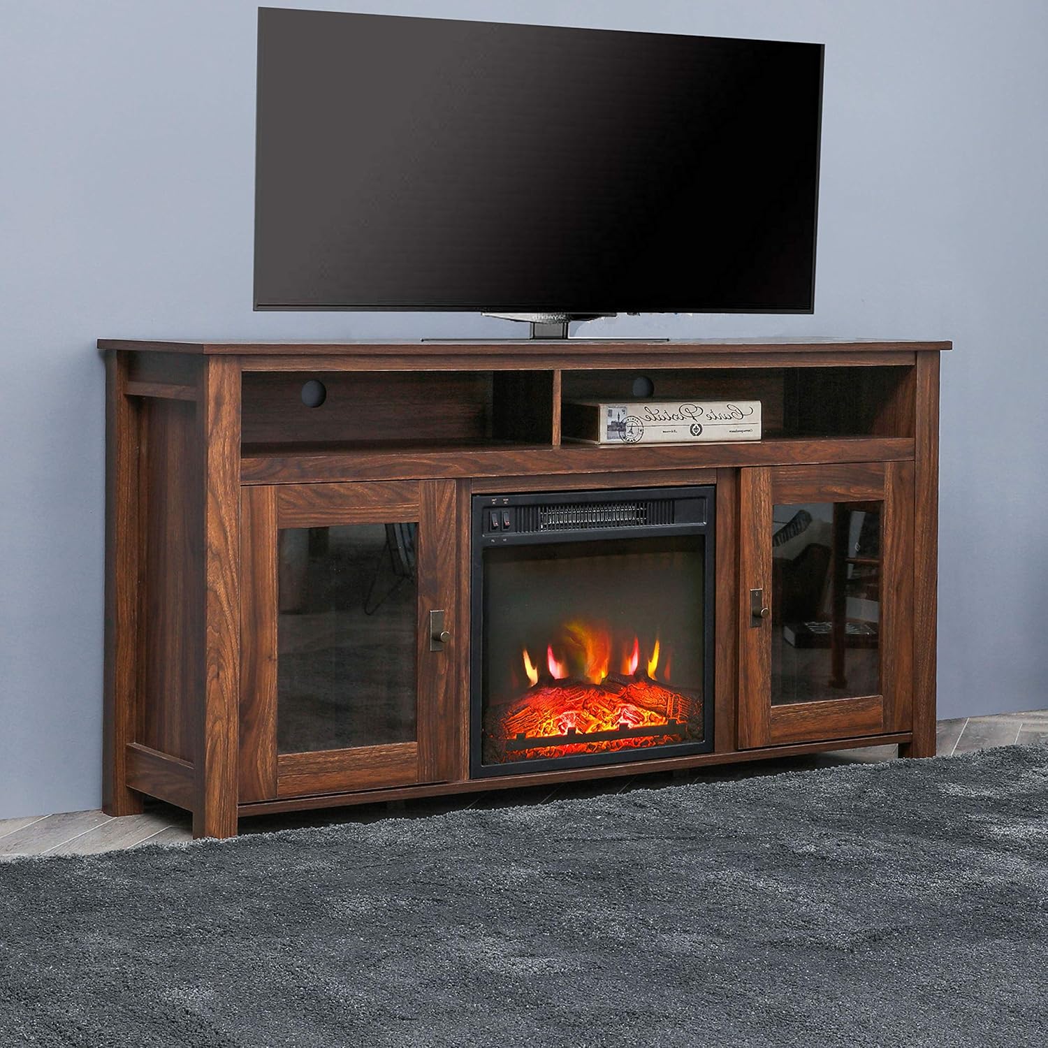 Electric Fireplace TV Stand Entertainment Center Corner Electric Fireplace Console Fireplace Heater for TVs up to 60",Wooden electric fireplace TV stand,Rustic