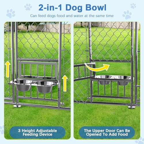 10×10×7FT Large Dog Kennel Outdoor with Bowls, Heavy Duty Outdoor Dog Kennel with Cover, Outside Chain Link Dog Playpen Dogs Run Dog Cage with Lock & Waterproof Roof for Backyard