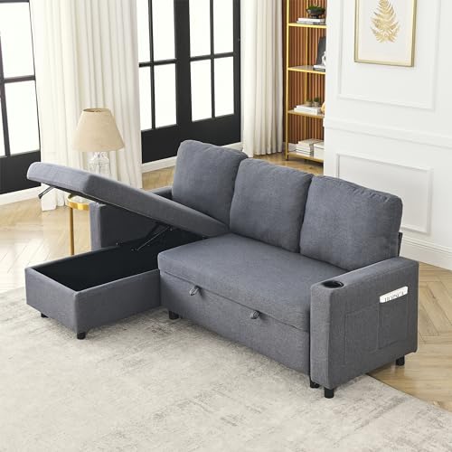 Convertible Sectional Sofa Couch, 3 Seat Sofa Set with Pullout Bed for Living Room, L-Shaped Modern Fabric Modular Sofa Sleeper with Storage Chaise for Office, Apartmen(Light Grey)