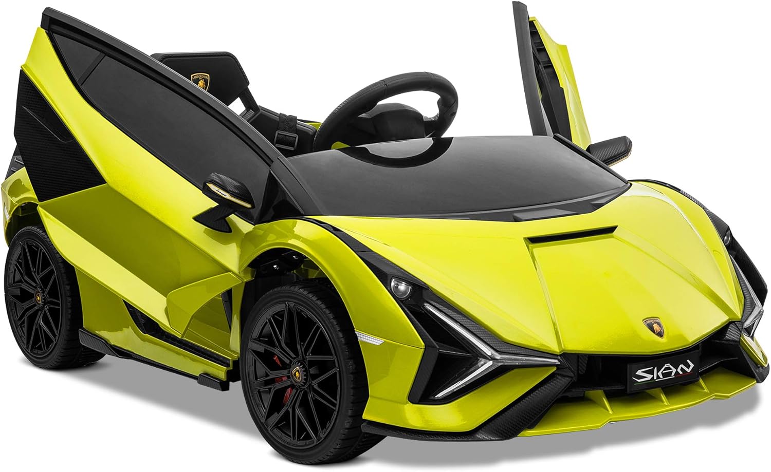 Kidzone Kids 12V Electric Ride On Licensed Lamborghini Sian Roadster Motorized Toy Car with Remote Control, Wheels Suspension, LED Lights & Music – Green with Gold Rim