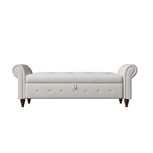 63" Long Storage Bench, Button Tufted Bed End Storage Bench with Rolled Arm and Solid Wood Legs, Upholstered Storage Ottoman Footrest for Bedroom Entryway Living Room, Space Saving, Blue