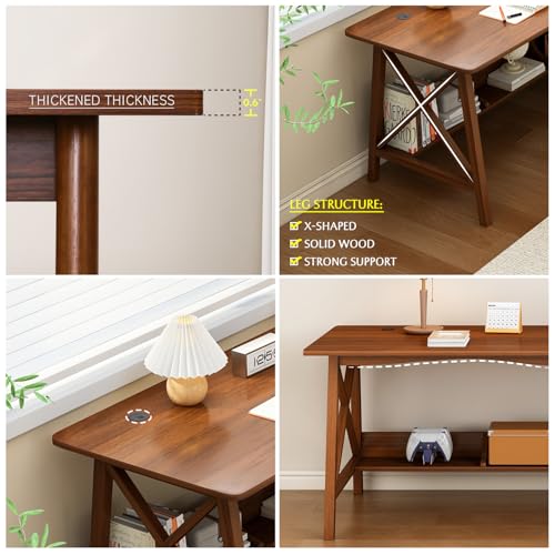 Extra Long Desk with Bookshelf - Solid Wood Home Office Work Study Table, 2-Person Writing Computer Workstation with Storage Shelf in Walnut, 55" Wx20 Dx30 H