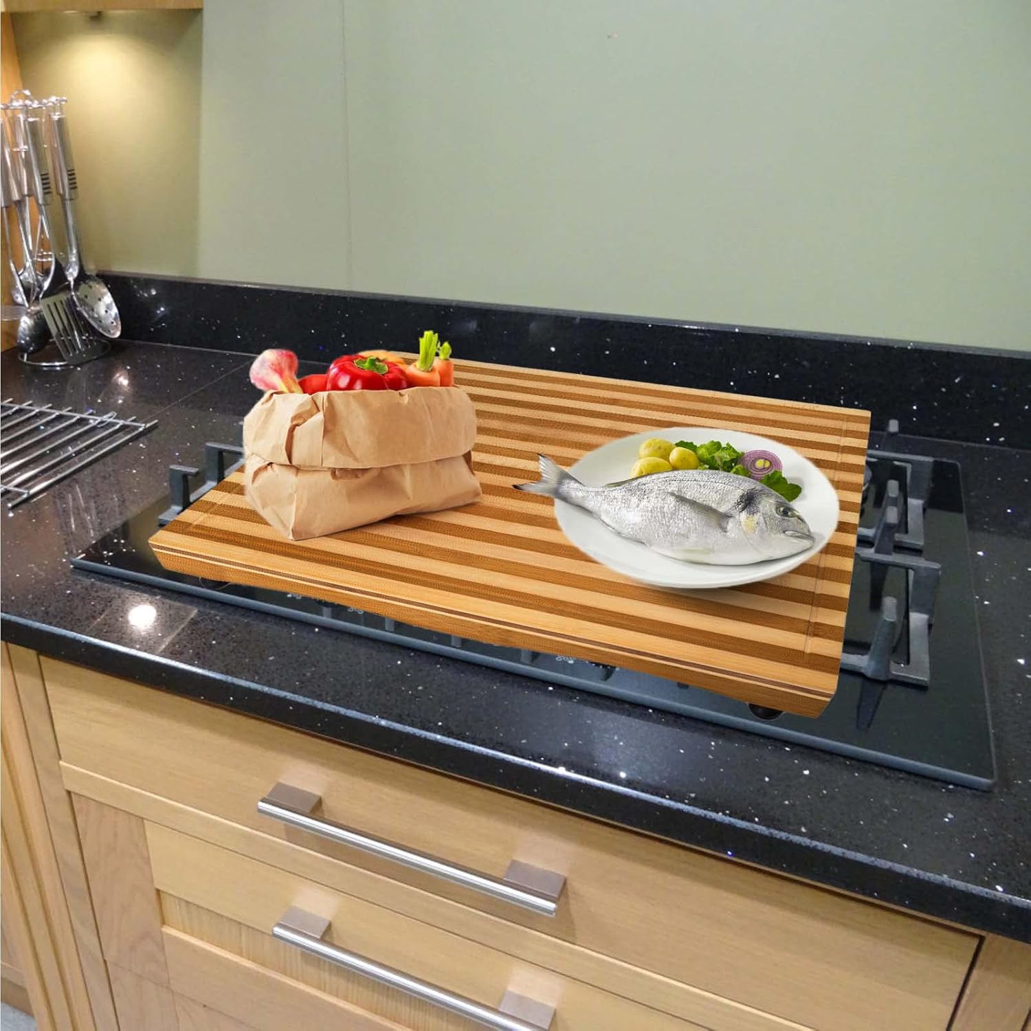 Bamboo Stovetop Cover&Countertop Cutting Board with Adjustable Legs, Dual-purpose Chopping Board for Electric Stove Burner, Workspace Block Cover for RV Camping Camper Gas Cook Top Cover