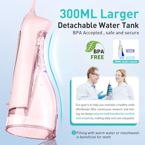 COSLUS Water Dental Flosser Teeth Pick: Portable Cordless Oral Irrigator 300ML Rechargeable Travel Irrigation Cleaner IPX7 Waterproof Electric Flossing Machine for Teeth Cleaning F5020E
