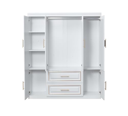 WRR 74" Bedroom Armoire Wardrobe Closet Cabinet with Drawers,3 Doors Wooden Wardrobe Closet with 2 Drawers & Hanging Rod Wooden Closet Cabinet for Large Capacity, Tall Wardrobe Storage Cabinet White