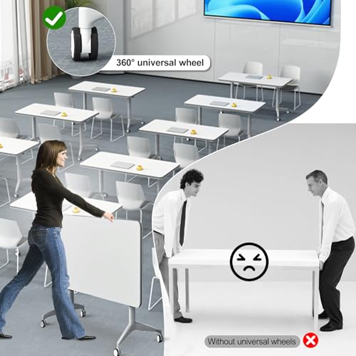 4Pcs White Conference Table, Foldable Meeting Tables, 140CM Conference Training Rooms Flip Top Mobile Training Table, Rolling Meeting Table with Caster Wheels, Suitable for Office,classr(4Pcs-180CM)
