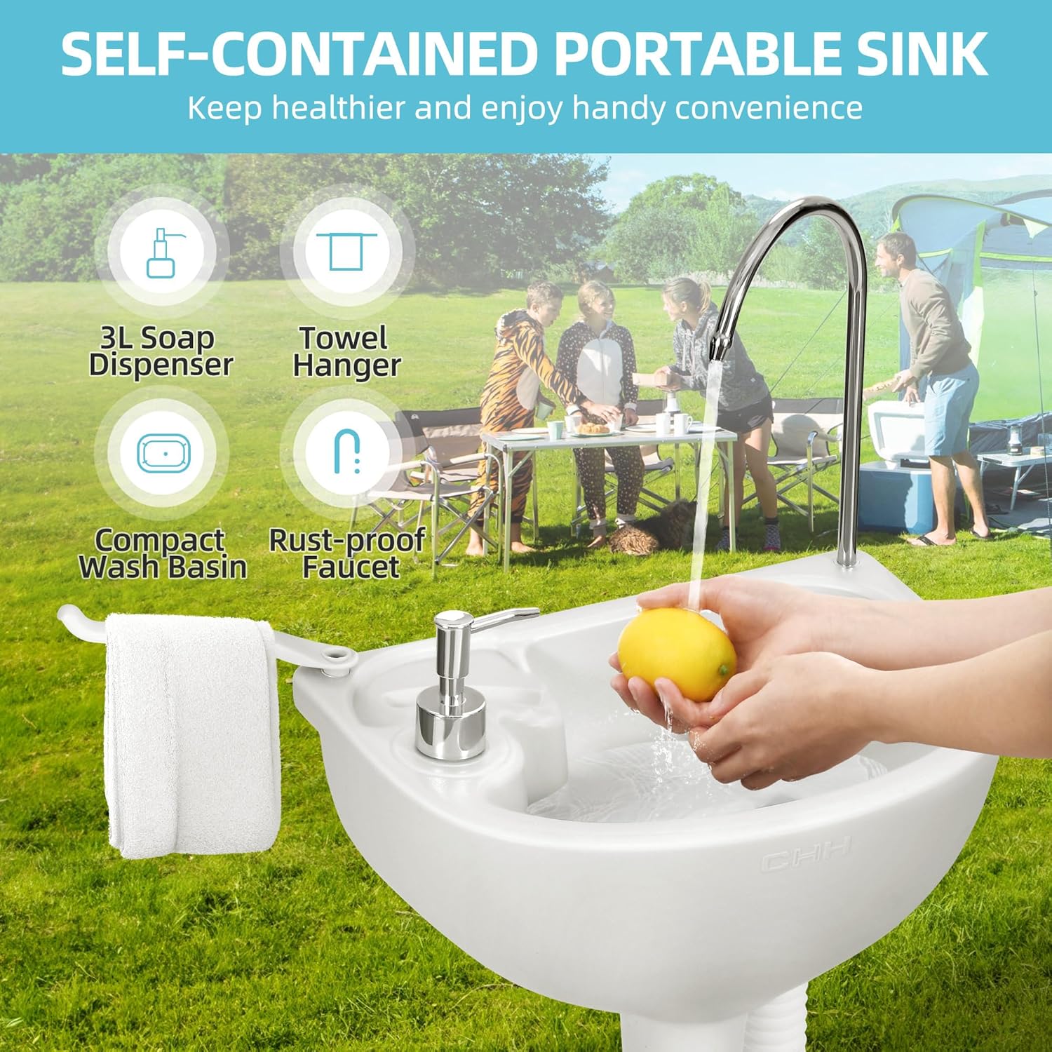 YITAMOTOR 17L Portable Sink for Washing Hands and 5.28 Gallon Portable Toilet, RV Camping Toilet With Level Indicator & Rotatable Spout for Adults, Travel, Boat, Gather, Wedding, Worksite