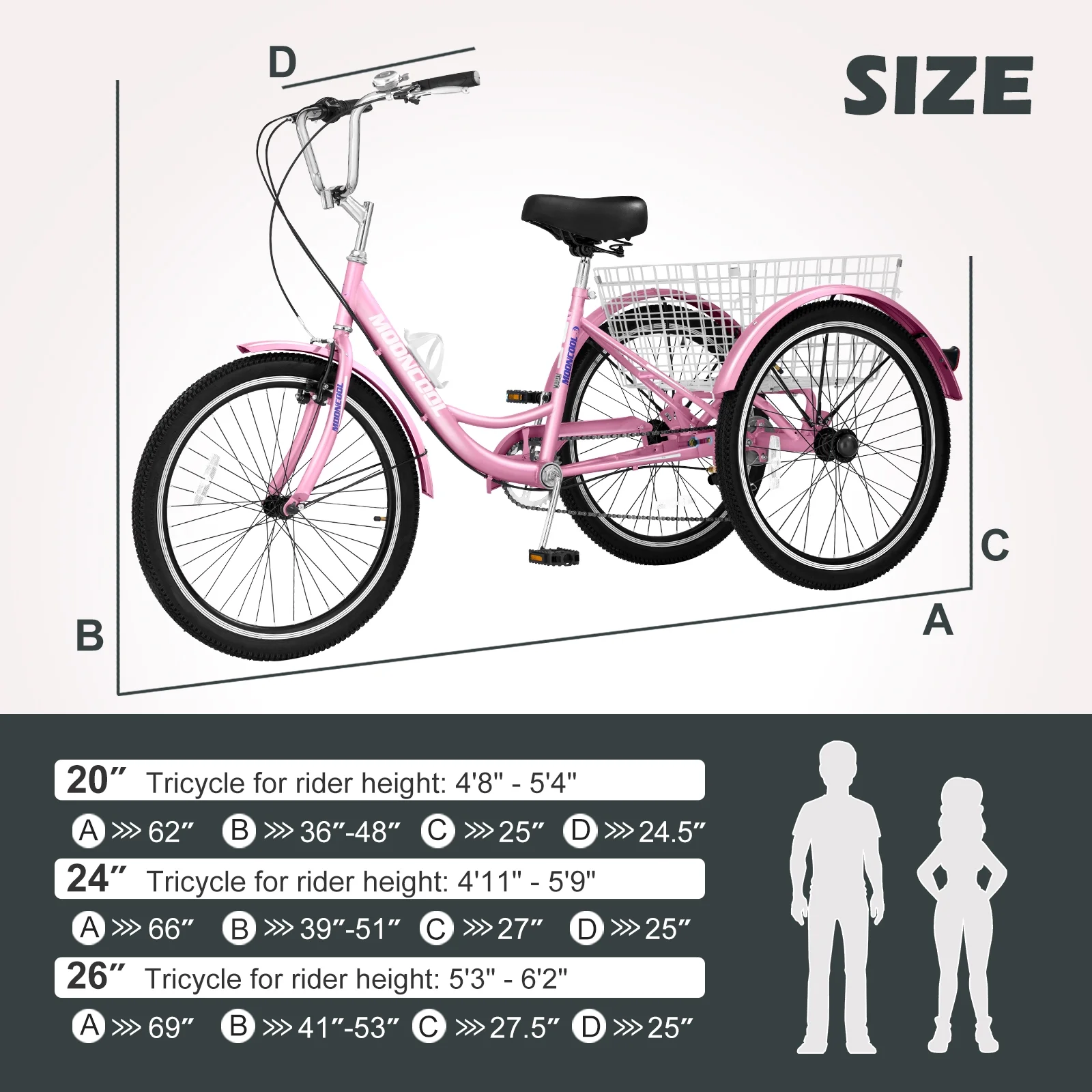 Lilypelle Tricycles for Adults with Big Basket,20" wheels 7 Speed Colorful Trike,Pink