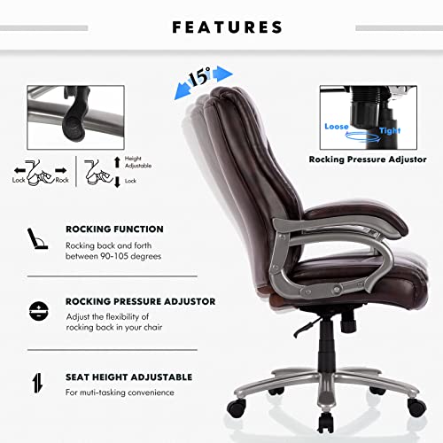 COLAMY Big and Tall Office Chair 400lbs-Heavy Duty Executive Computer Desk Chair with High Back, Metal Base, Back Support for Heavy People-Brown