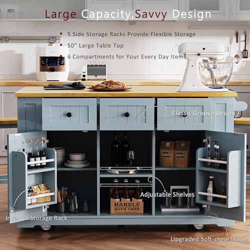 53" Rolling Large Kitchen Island Set with Power Outlet,Mobile Carts with Storage Cabinet,Extra Drop Leaf,3 Drawers and 5 Open Side Racks,Wood Table for Dining Room (Island & Stools)