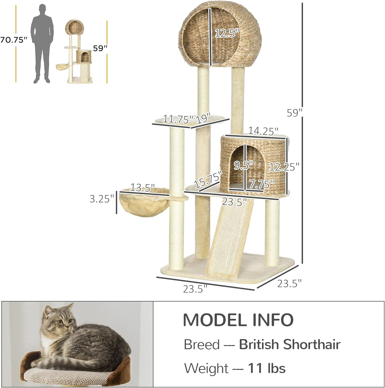PawHut 59 Inch Cat Tree for Indoor Cats, Cat Tower with Cat Condo, Hammock, Perches, Scratching Posts, Ramp for Large Cats, Beige
