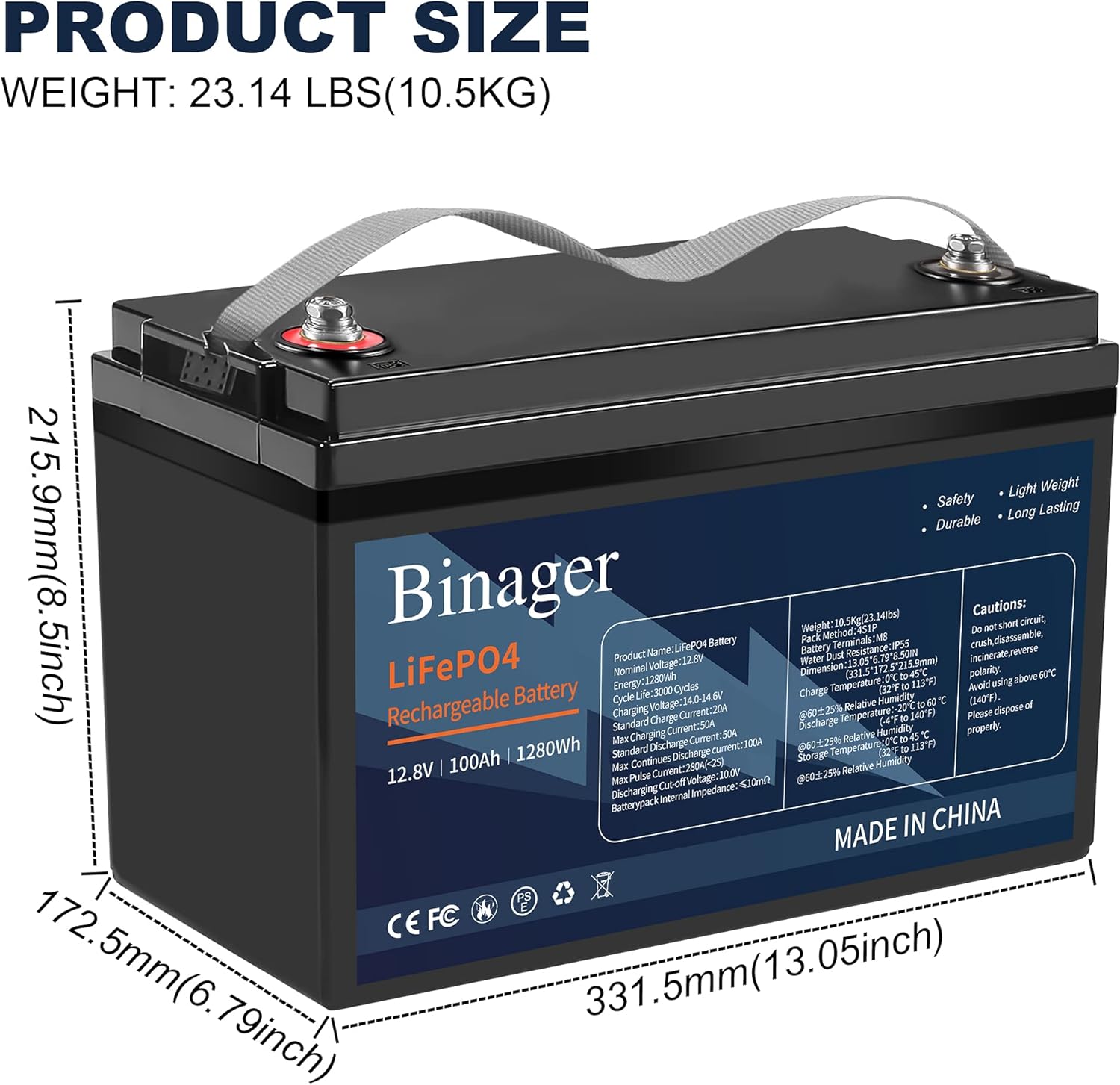 Binager 12v 100ah Lithium Battery, Deep Cycle Battery, Lithium iron Phosphate Battery, 100ah Lifepo4 Battery, Perfect for Off-grid Applications, Car, Camping, Back Up Power