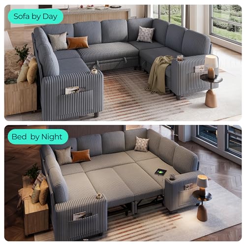 LINSY HOME Sectional Sleeper Sofa with Pull Out Couch Bed Convertible Plush Corduroy Cloud Couch with Storage Chaise & USB Charging, Comfy L Shaped Modular Couches for Living Room Apartment (Grey)