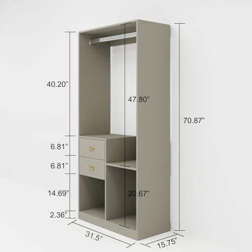 Wooden Closet System Wardrobe: Walk-in Closet Systems Wall Mount Closet with 4 Drawers and Shelves Clothes Storage Closet with 2 Hanging Rods 63"W x 15.7"D x 70.8"H
