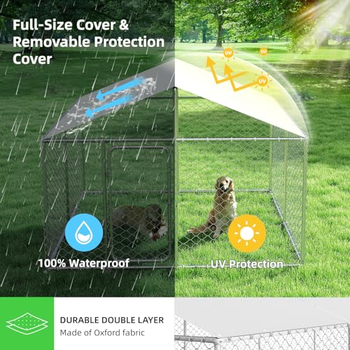 7.8x7.8 FT Extra Large Outdoor Dog Kennel Outside, Heavy Duty Dog Enclosure with Waterproof Cover and Security Lock, Galvanized Chain Link Dog Cage for Large Dogs