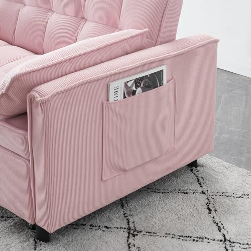 Pull-Out Corduroy Sofa Bed, 3-in-1 Convertible Sleeper Chair Couch Bed, Love seat Chaise Lounge with Side Pockets for Living Room, Bedroom, Office (Beige)