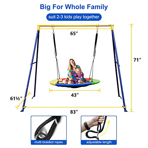 Swing Set,43inch Saucer Tree Swing with A Frame Swing Stand Heavy Duty,Durable Textilene Round Swing and Metal Frame,Anti-Rust and All Weather Resistant for Kids Outdoor Backyard (6clrbk)