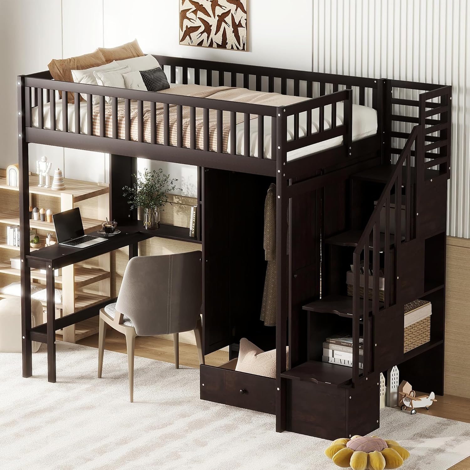 Harper & Bright Designs Twin Size Loft Bed with Stairs, Desk, Bookshelf, Drawers and Wardrobe, Solid Wood Loft Bed Frame with Storage, for Kids Teens Adults, Espresso, HJH-LT100668AAP