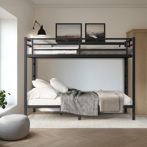Twin XL Over Twin XL Bunk Bed, Metal Bunk Bed Frame Heavy Duty Bunk Beds Loft Bed Frame with Ladder and Guardrail Metal Slats No Box Spring Required for Adults Teens, Black