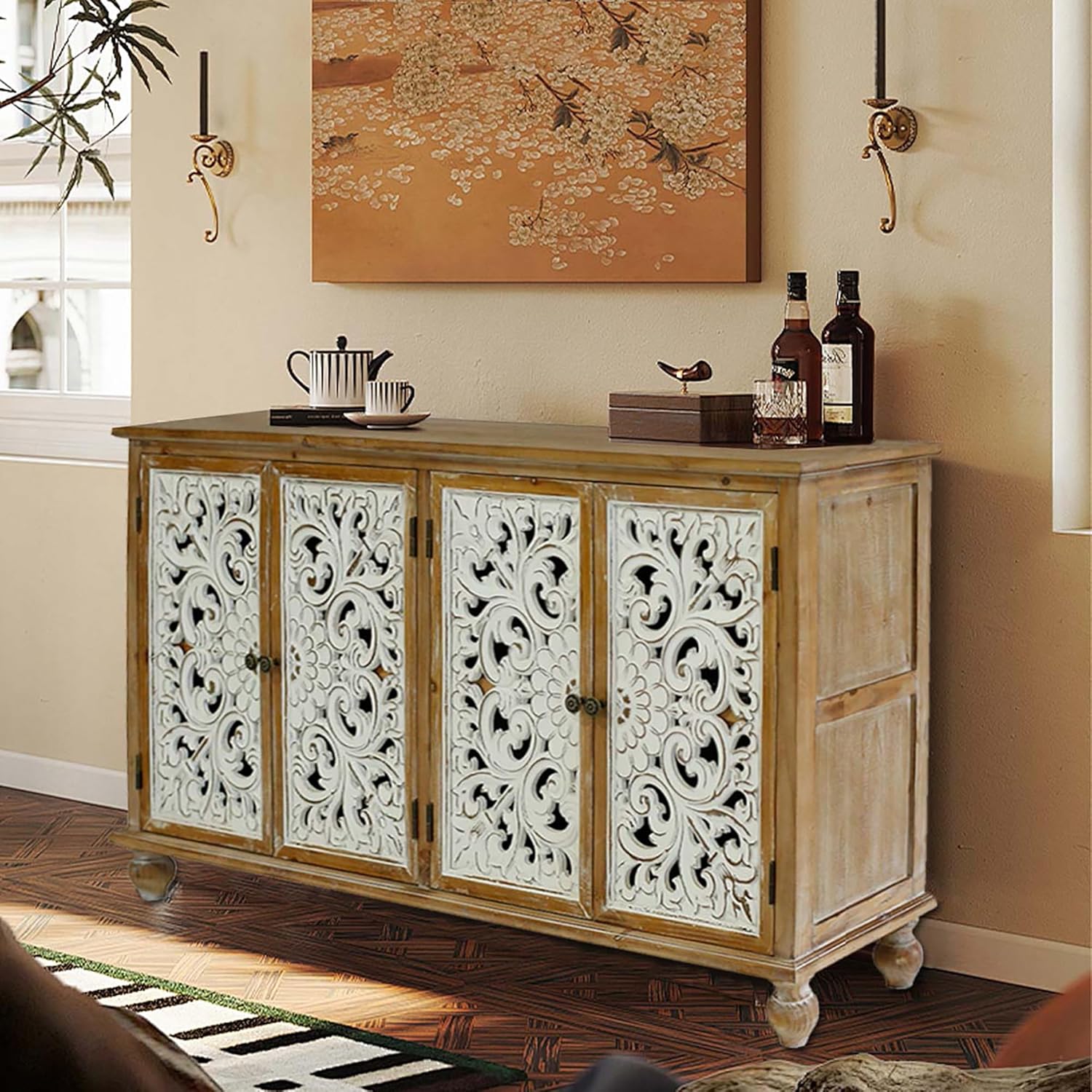 Dolonm Accent Cabinet with 4 Doors, Farmhouse Sideboard Buffet Cabinet with Storage, Modern Storage Cabinet with Wood Carved Floral Doors for Living Room, Dining Room, Entryway, Hallway, Kitchen