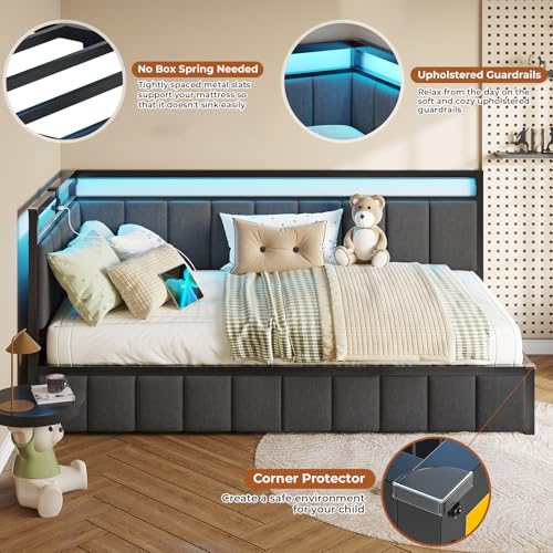 DICTAC Corner Full Bed Frame with 2 Storage Drawers and Charging Station Full Size Platform Bed Frame with Led Lights and Upholstered Guardrail Daybed for Living Room, Bedroom and Guest Room, Gray