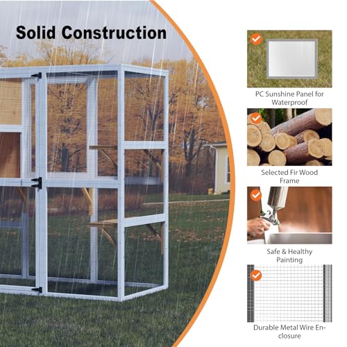 Catio Outdoor Cat Enclosure, Large Cat House for Mulitiple Cats Walk in Cat Cage with Waterproof Cover and Sunshine Panel Roof, Feral Cat Shelter with 7 Platforms and 2 Resting Box, 72 inch